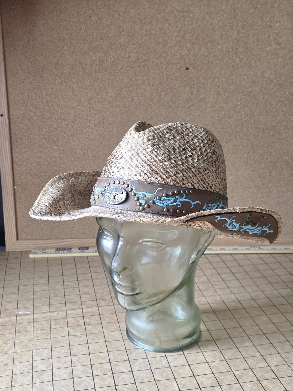 Natural Straw Cowboy Hat L/XL Western Turquoise Studded Leather Band